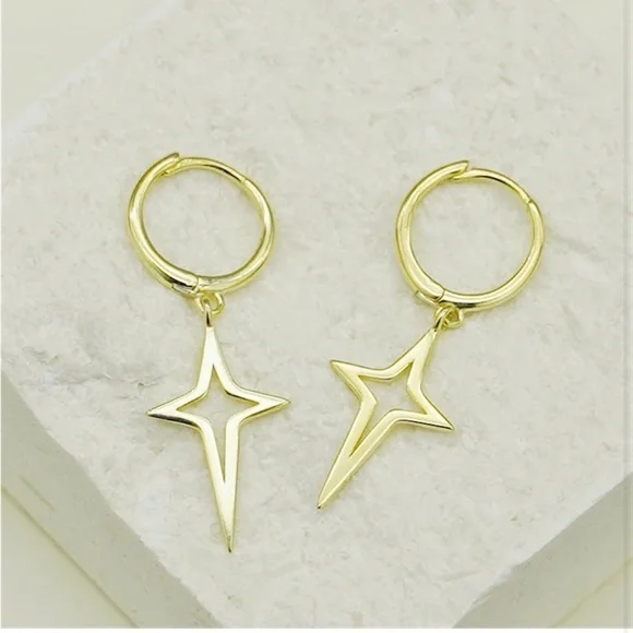 Sterling Silver Hinged Hoop 4 Point Star Cross Drop Hoop Earrings - Picture 4 of 6